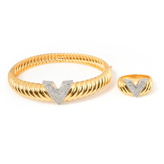 Gold Bracelet and Ring Set for Women | Bold V-Shaped Design Jewelry with Crystal Detailing | Modern Statement Set for Party and Daily Wear