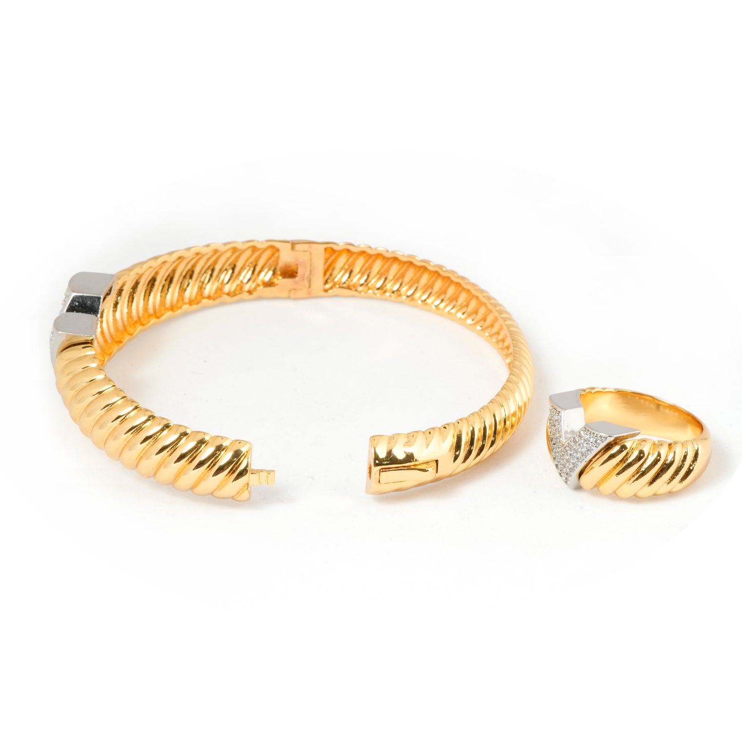 Gold Bracelet and Ring Set for Women | Bold V-Shaped Design Jewelry with Crystal Detailing | Modern Statement Set for Party and Daily Wear