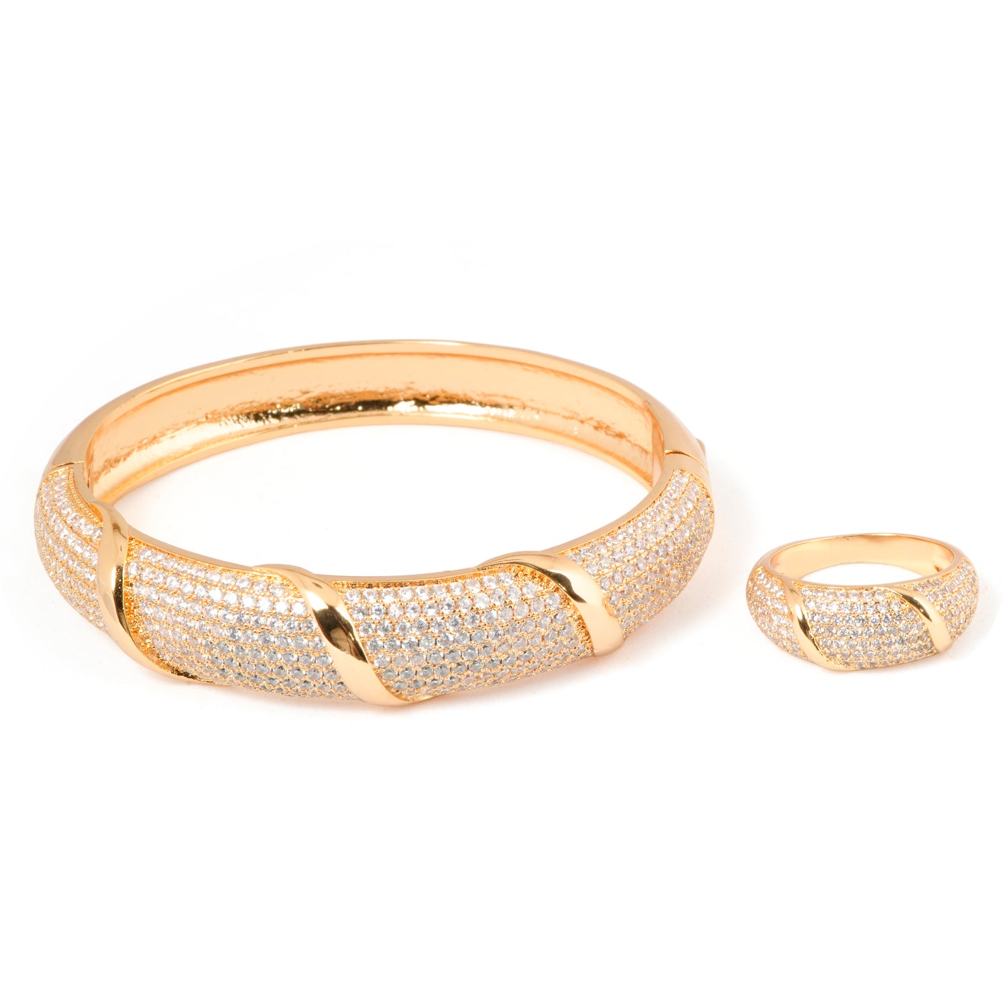 Gold Plated Bracelet and Ring Set for Women | Designer Jewelry with Diamond Look Crystals | Party, Wedding & Everyday Wear