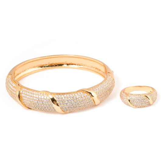 Gold Plated Bracelet and Ring Set for Women | Designer Jewelry with Diamond Look Crystals | Party, Wedding & Everyday Wear