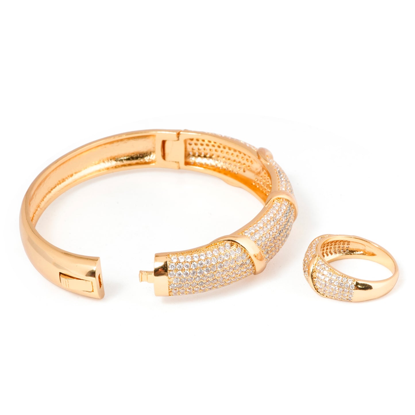 Gold Plated Bracelet and Ring Set for Women | Designer Jewelry with Diamond Look Crystals | Party, Wedding & Everyday Wear