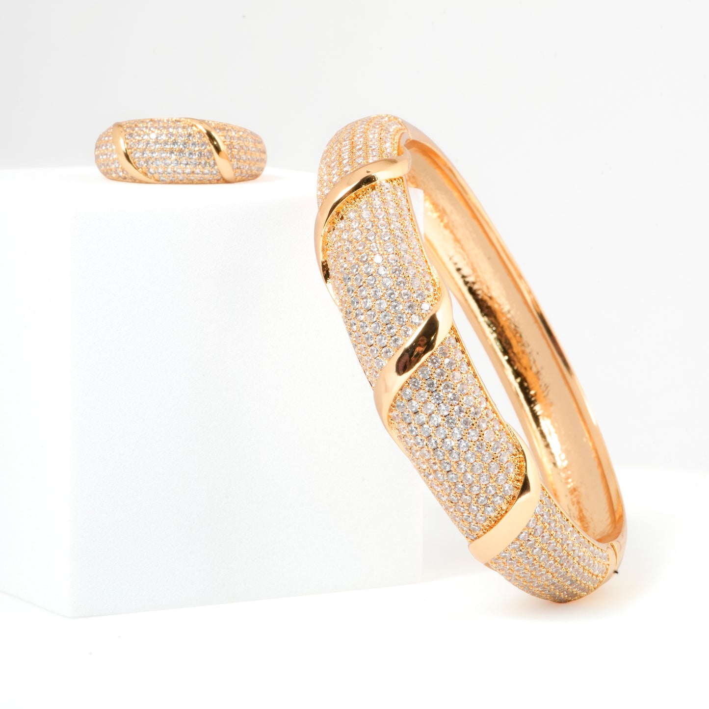 Gold Plated Bracelet and Ring Set for Women | Designer Jewelry with Diamond Look Crystals | Party, Wedding & Everyday Wear