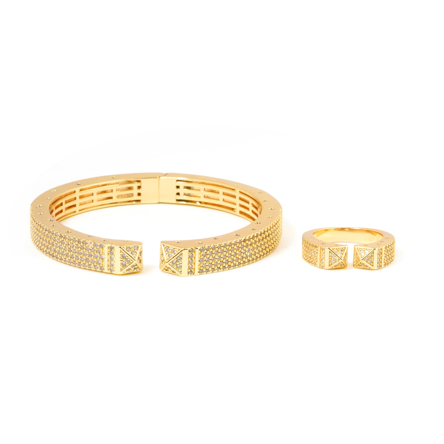Geometric Gold-Plated Bracelet and Ring Set with Pavé Diamond Look Accents | Contemporary Luxury Jewelry for Modern Elegance