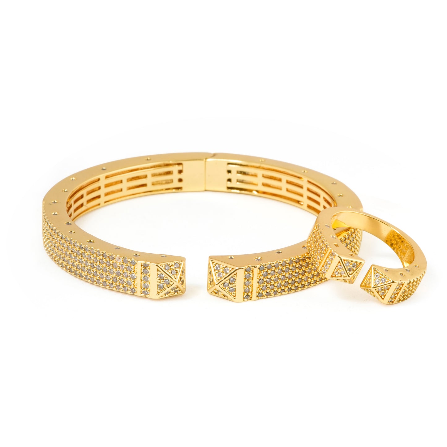 Geometric Gold-Plated Bracelet and Ring Set with Pavé Diamond Look Accents | Contemporary Luxury Jewelry for Modern Elegance