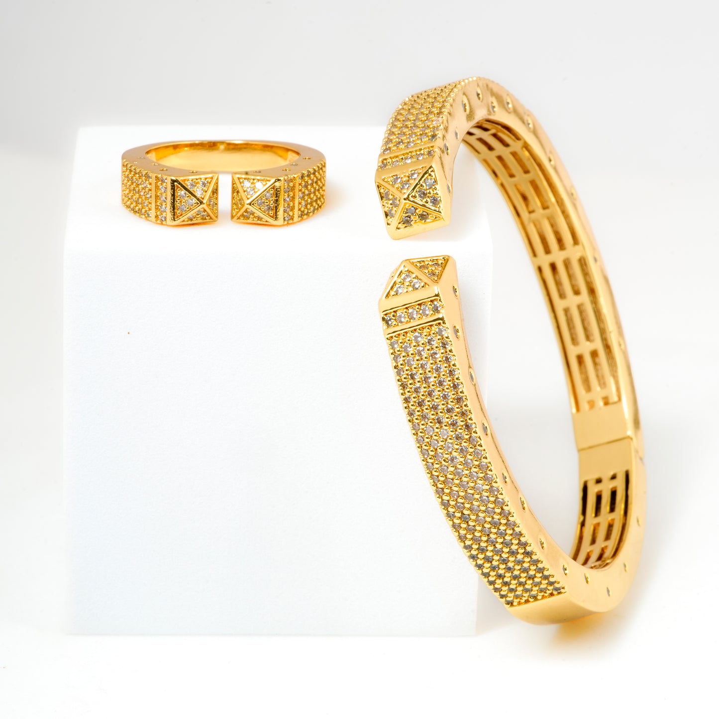 Geometric Gold-Plated Bracelet and Ring Set with Pavé Diamond Look Accents | Contemporary Luxury Jewelry for Modern Elegance