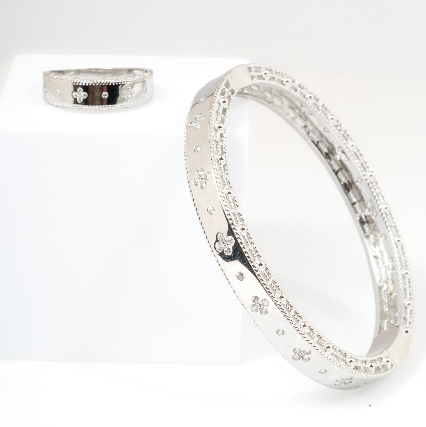 Silver Plated Bracelet and Ring Set for Women | Elegant Designer Jewelry with Diamond Look Accents | Perfect for Weddings, Parties & Everyday Glam