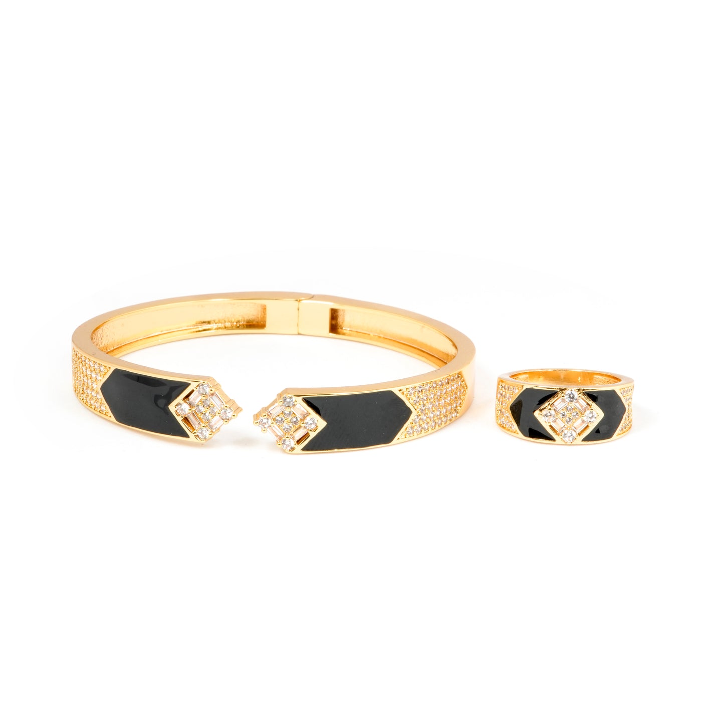 Black Enamel Gold Plated Bracelet and Ring Set | Designer Jewelry with Diamond Look Detailing | Elegant Party, Wedding & Festive Wear for Women