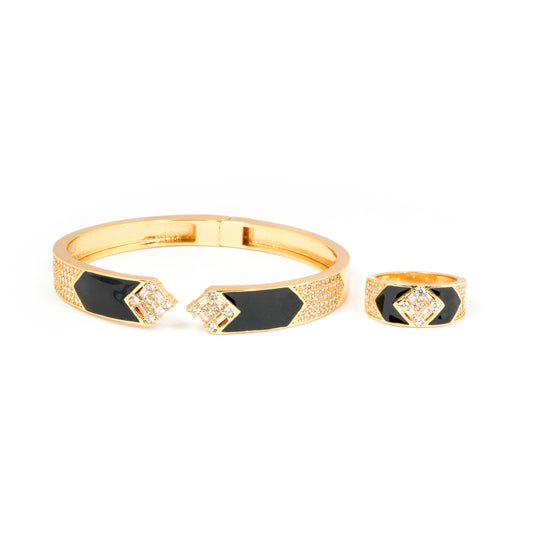 Black Enamel Gold Plated Bracelet and Ring Set | Designer Jewelry with Diamond Look Detailing | Elegant Party, Wedding & Festive Wear for Women