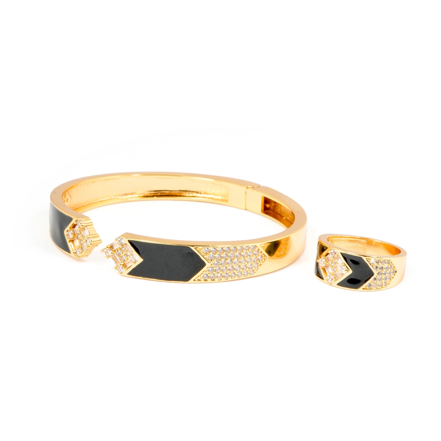 Black Enamel Gold Plated Bracelet and Ring Set | Designer Jewelry with Diamond Look Detailing | Elegant Party, Wedding & Festive Wear for Women
