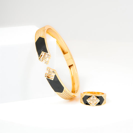Black Enamel Gold Plated Bracelet and Ring Set | Designer Jewelry with Diamond Look Detailing | Elegant Party, Wedding & Festive Wear for Women