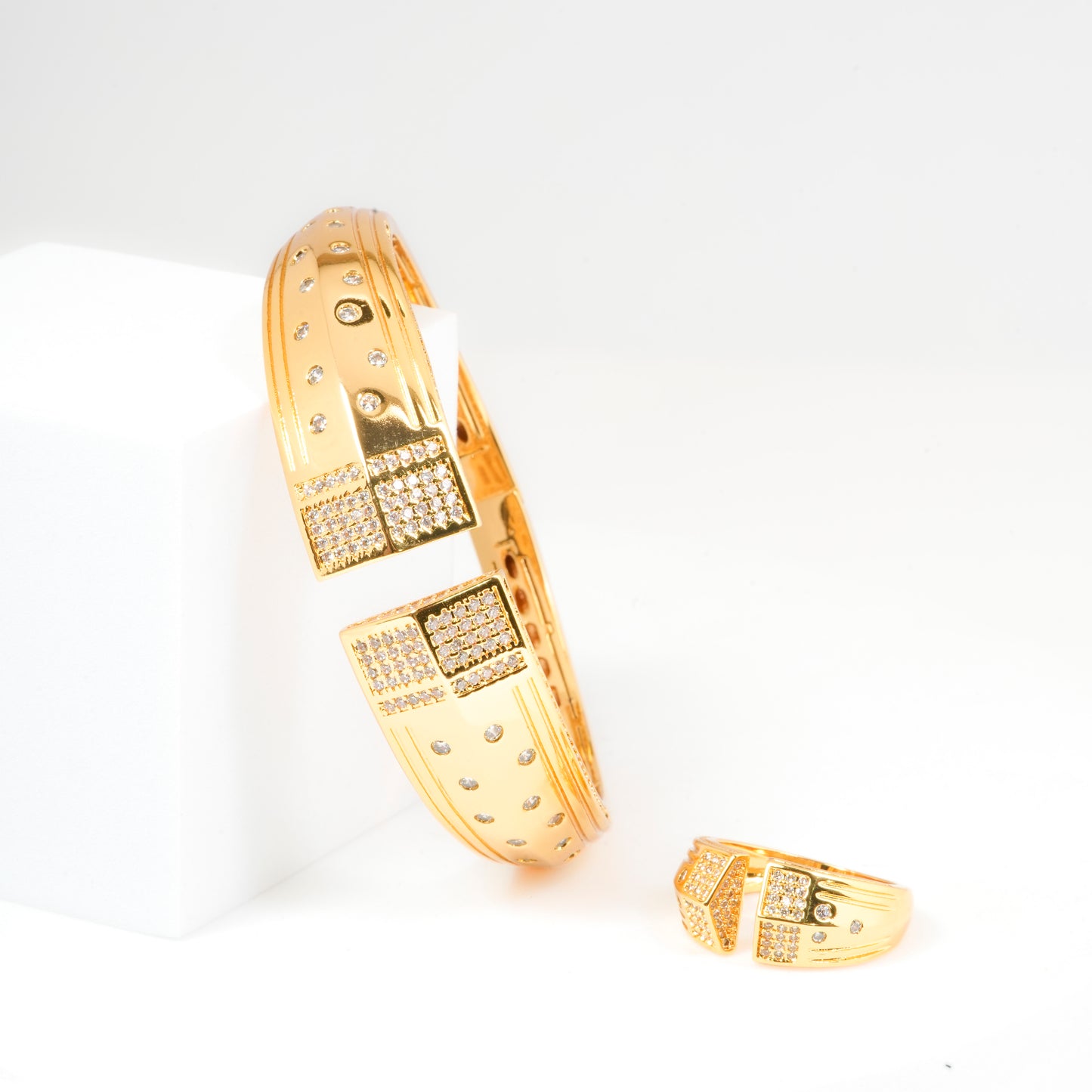 Gold-Plated Geometric Bracelet and Ring Set with Pavé Diamond Look Accents | Modern Statement Jewelry for Special Occasions