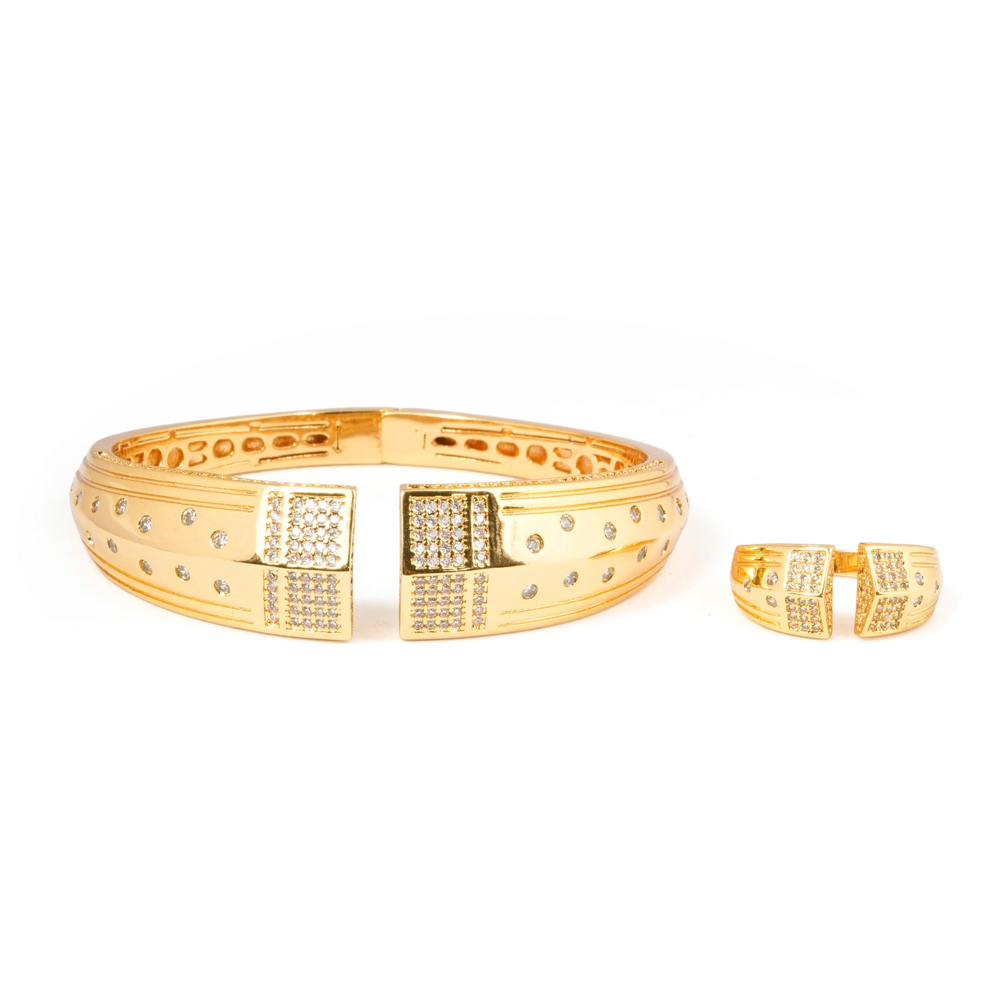 Gold-Plated Geometric Bracelet and Ring Set with Pavé Diamond Look Accents | Modern Statement Jewelry for Special Occasions