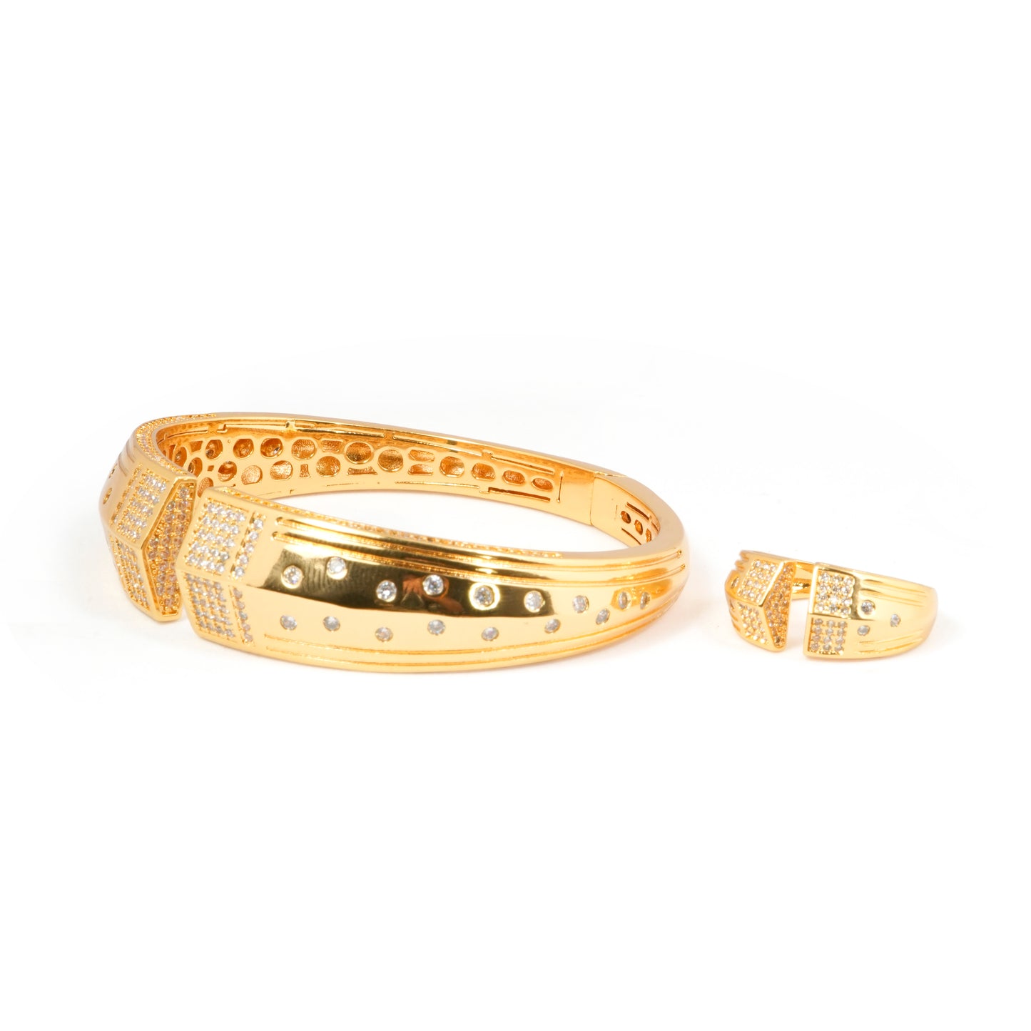 Gold-Plated Geometric Bracelet and Ring Set with Pavé Diamond Look Accents | Modern Statement Jewelry for Special Occasions