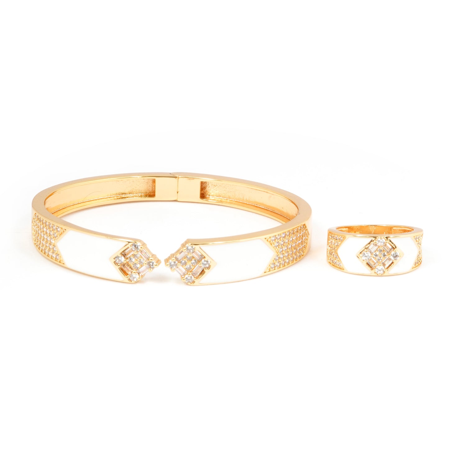 White Enamel Diamond Accent Bracelet and Ring Set for Women | Elegant Gold Plated Jewelry with Sparkling Stones | Perfect Gift for Weddings, Parties, and Everyday Luxury