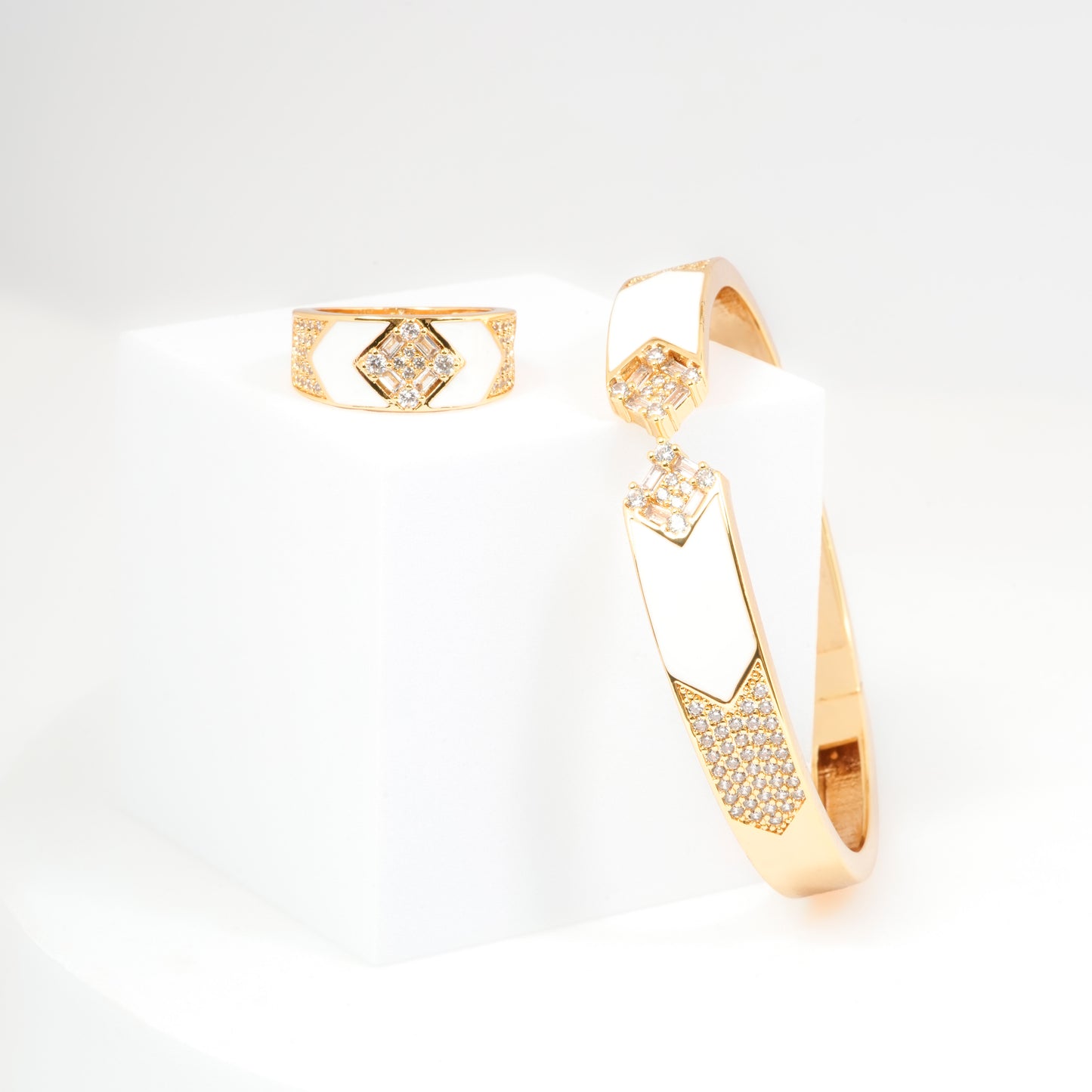 White Enamel Diamond Accent Bracelet and Ring Set for Women | Elegant Gold Plated Jewelry with Sparkling Stones | Perfect Gift for Weddings, Parties, and Everyday Luxury