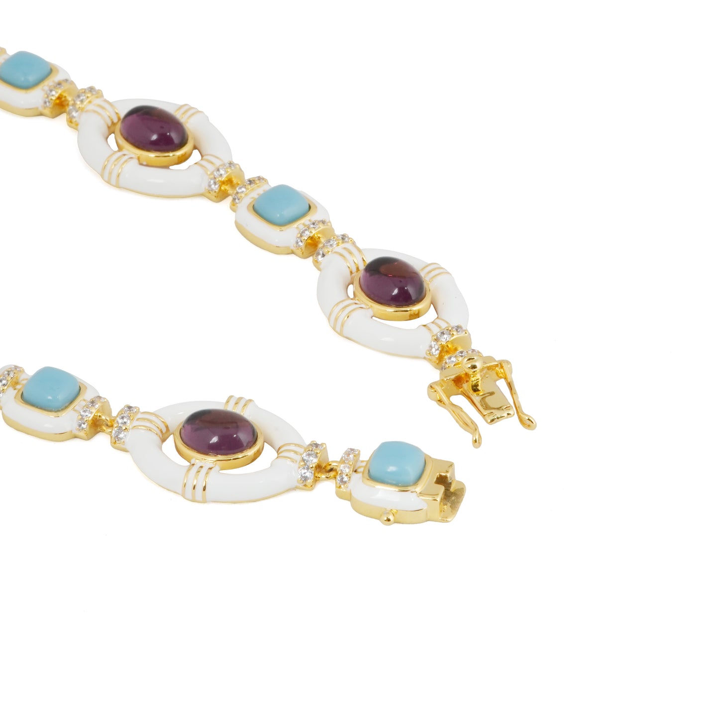Vintage-Inspired Gold-Plated Necklace with Amethyst Purple Stones, Turquoise Accents, and White Enamel Detailing