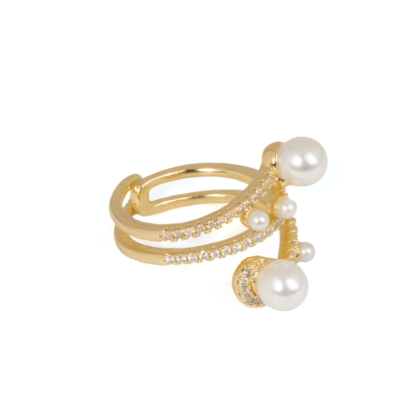 Celestial Cluster Pearl Ring | Gold-Tone Adjustable Multi-Band Ring with Large & Small Pearls and Pave CZ Accents | Sculptural Statement Fashion Ring