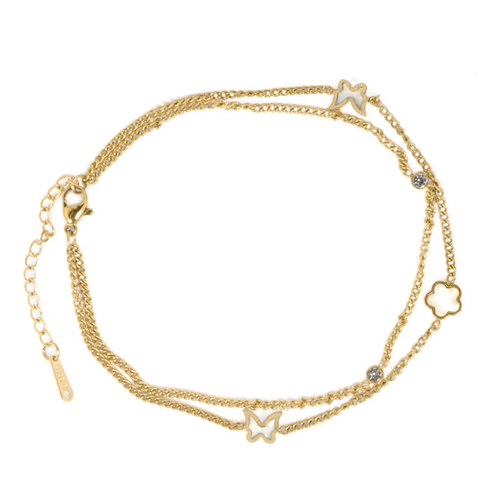 Whimsical Charm Double-Layer Gold-Tone Anklet for Women – Mother-of-Pearl Butterfly & Flower Charms with CZ Stone Accents | Elegant Minimal Jewellery for Daily Wear