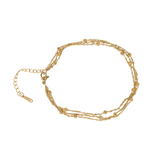 Trio Beaded Cascading Layered Anklet for Women – Gold-Tone Multi-Strand Anklet with Polished Bead Accents | Elegant Layered Stack for Daily & Festive Wear