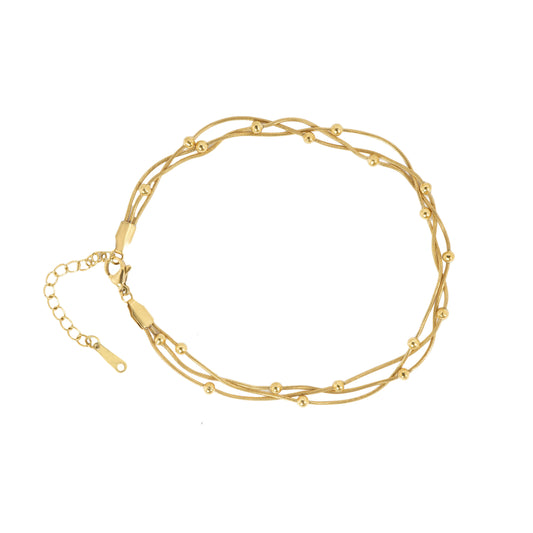 Delicate Whispers Multi-Strand Gold-Tone Anklet for Women – Minimalist Triple-Layer Chain Anklet with Tiny Polished Bead Accents | Lightweight Everyday Jewellery