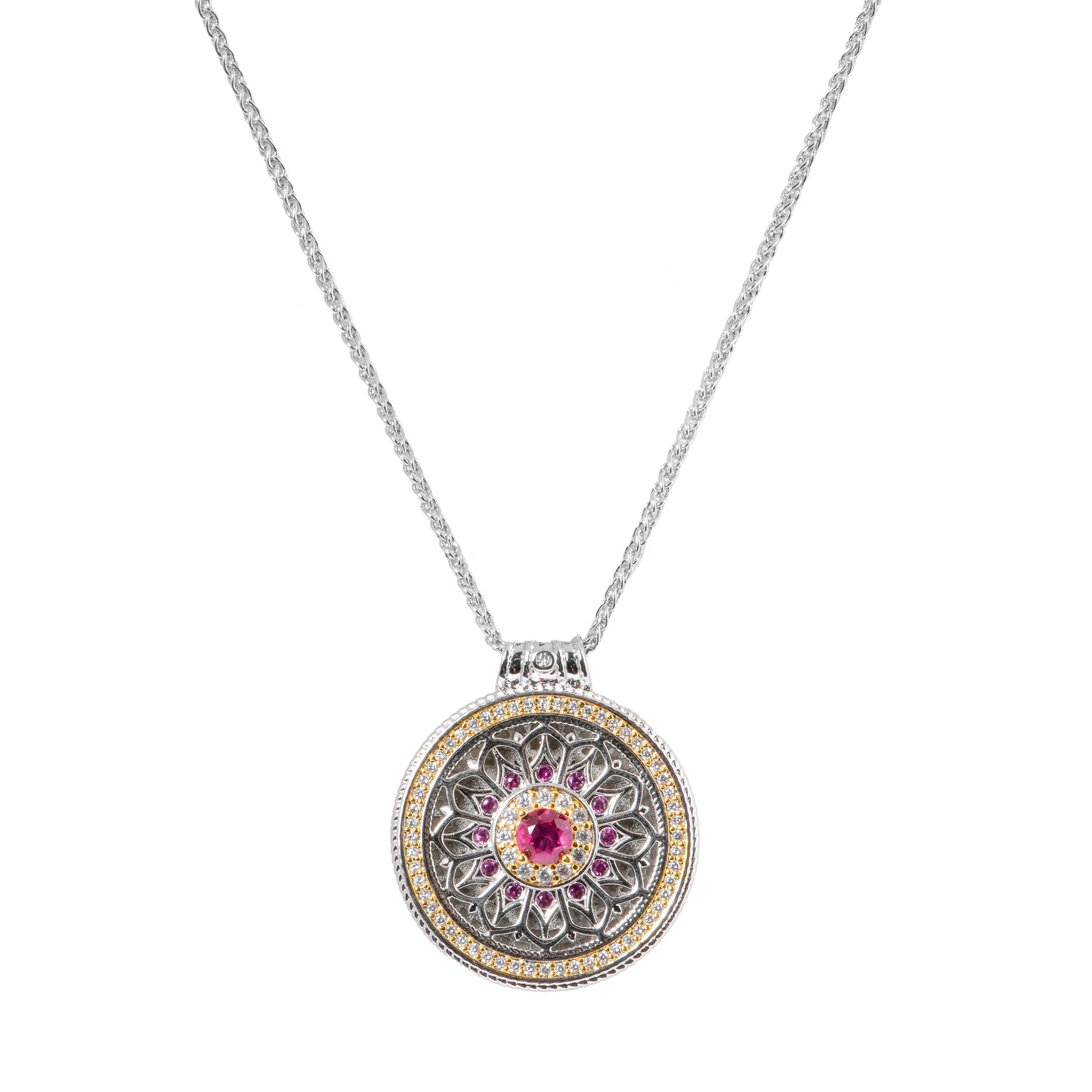 Dual-Tone Mandala Pendant Necklace with Ruby Pink Center Stone – Artistic & Elegant Jewelry