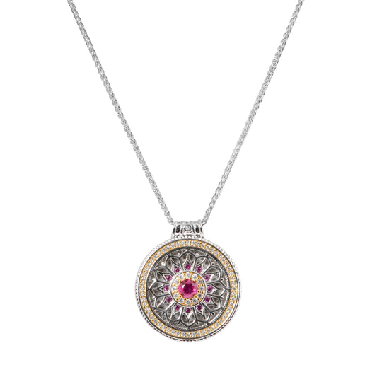 Dual-Tone Mandala Pendant Necklace with Ruby Pink Center Stone – Artistic & Elegant Jewelry