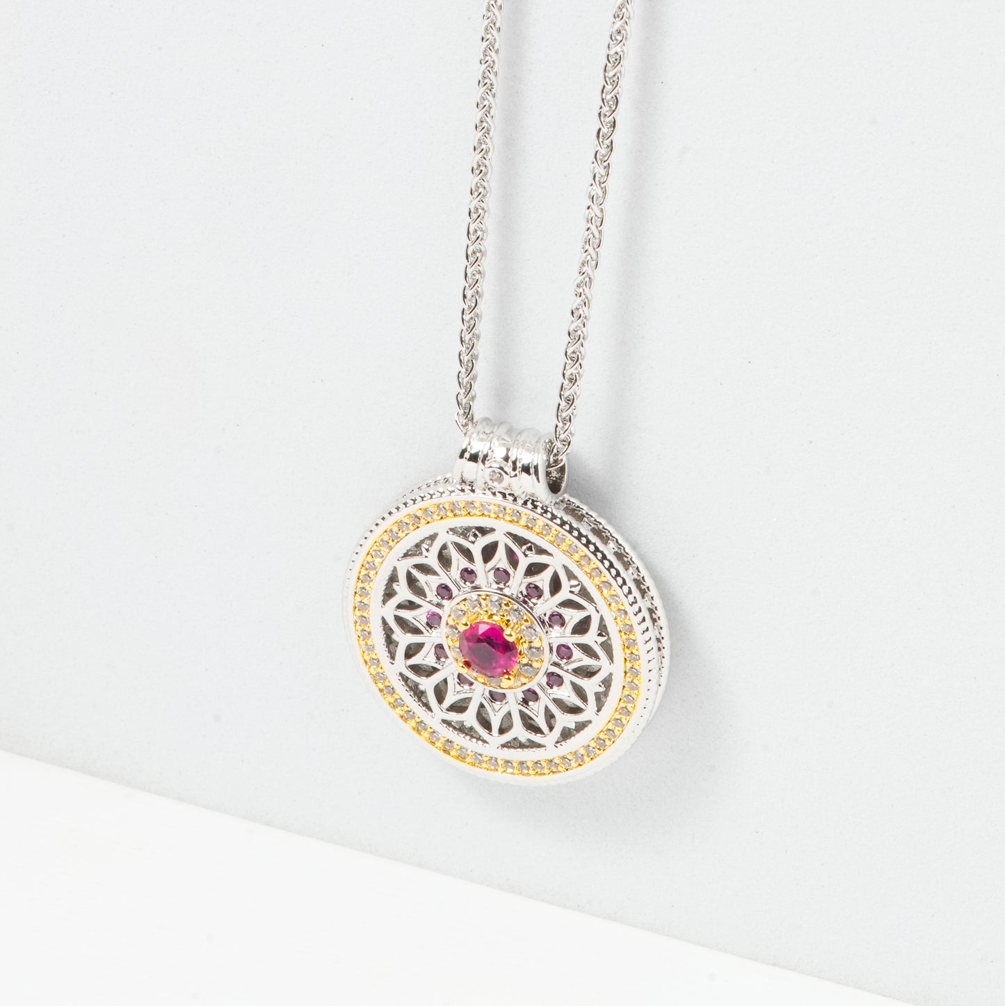 Dual-Tone Mandala Pendant Necklace with Ruby Pink Center Stone – Artistic & Elegant Jewelry