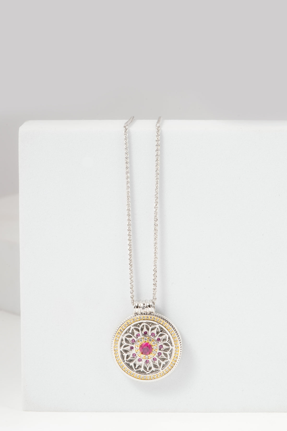 Dual-Tone Mandala Pendant Necklace with Ruby Pink Center Stone – Artistic & Elegant Jewelry