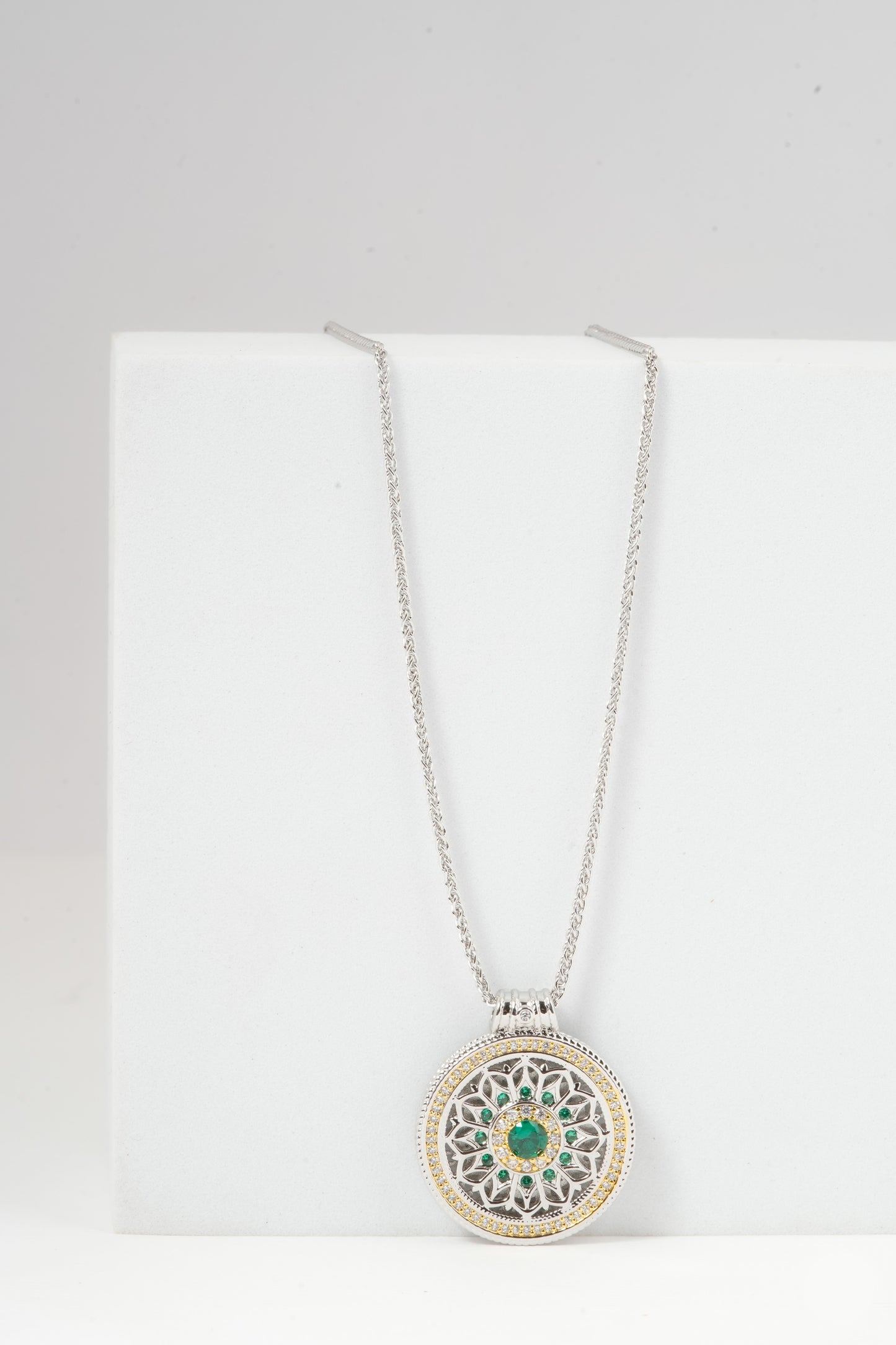 Round Pendant Necklace with Green Stone | Silver and Gold-Tone Mandala Design Necklace for Women | Elegant Party and Everyday Jewelry
