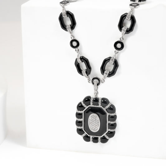 Black Enamel & Silver Geometric Necklace – Bold Vintage-Inspired Statement