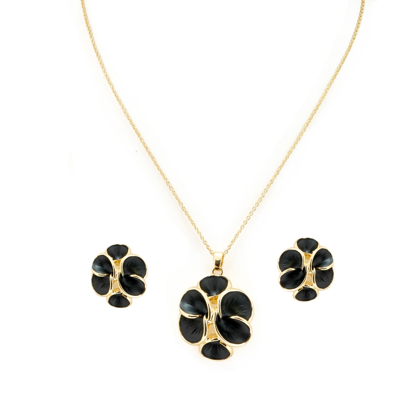 Gold Plated Black Enamel Floral Pendant Necklace with Matching Earrings | Elegant Jewelry Set for Women | Party & Everyday Wear