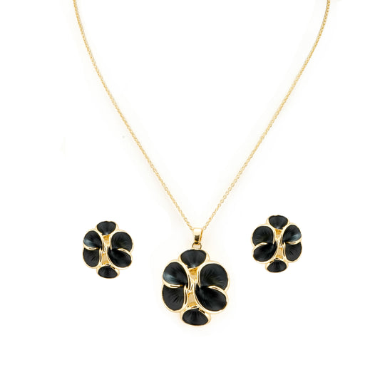 Gold Plated Black Enamel Floral Pendant Necklace with Matching Earrings | Elegant Jewelry Set for Women | Party & Everyday Wear