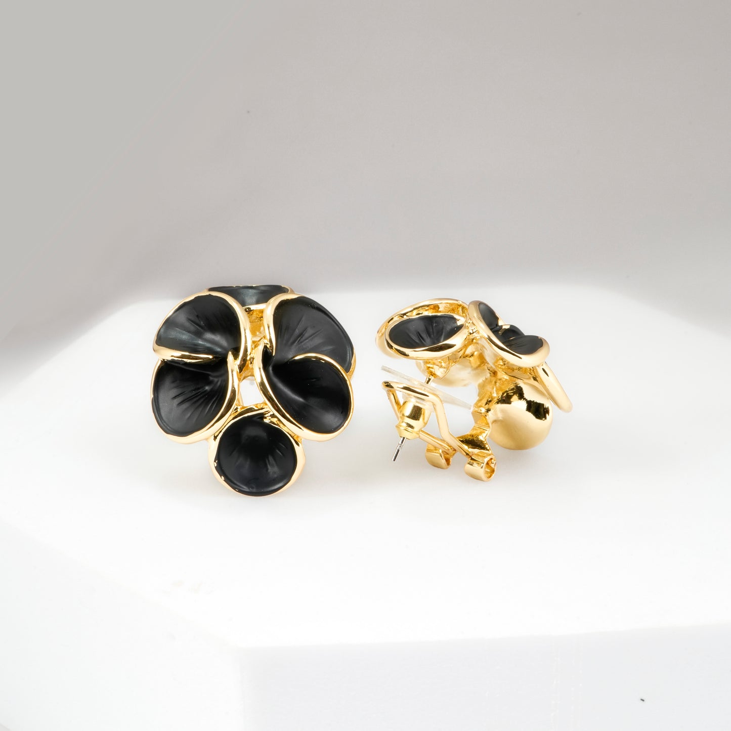 Gold Plated Black Enamel Floral Pendant Necklace with Matching Earrings | Elegant Jewelry Set for Women | Party & Everyday Wear