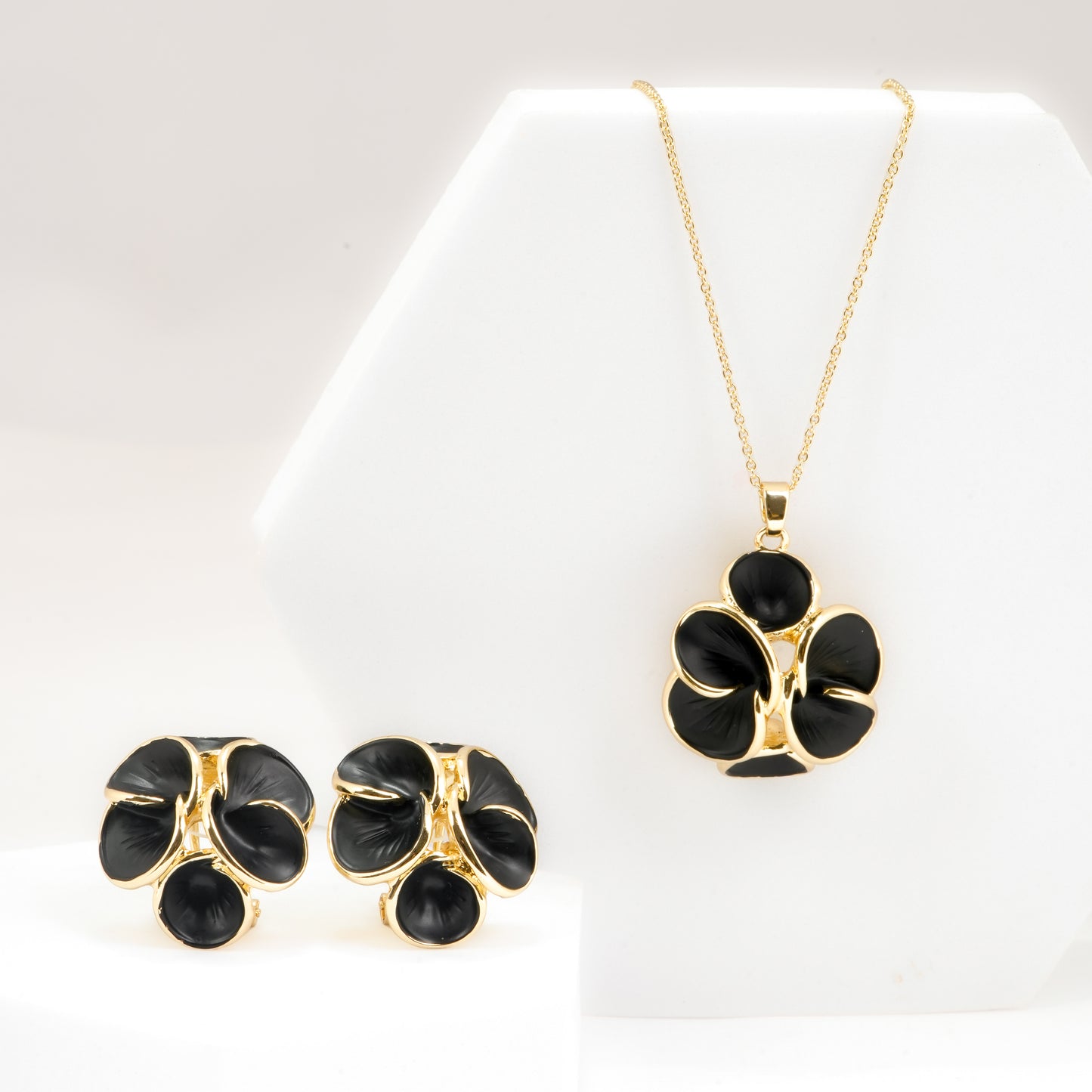 Gold Plated Black Enamel Floral Pendant Necklace with Matching Earrings | Elegant Jewelry Set for Women | Party & Everyday Wear