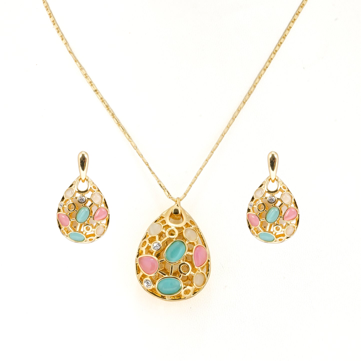 Gold Plated Cat Eye Stone Teardrop Pendant Necklace with Matching Earrings | Elegant Multicolor Jewelry Set for Women | Party & Festive Wear