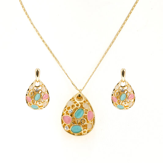 Gold Plated Cat Eye Stone Teardrop Pendant Necklace with Matching Earrings | Elegant Multicolor Jewelry Set for Women | Party & Festive Wear