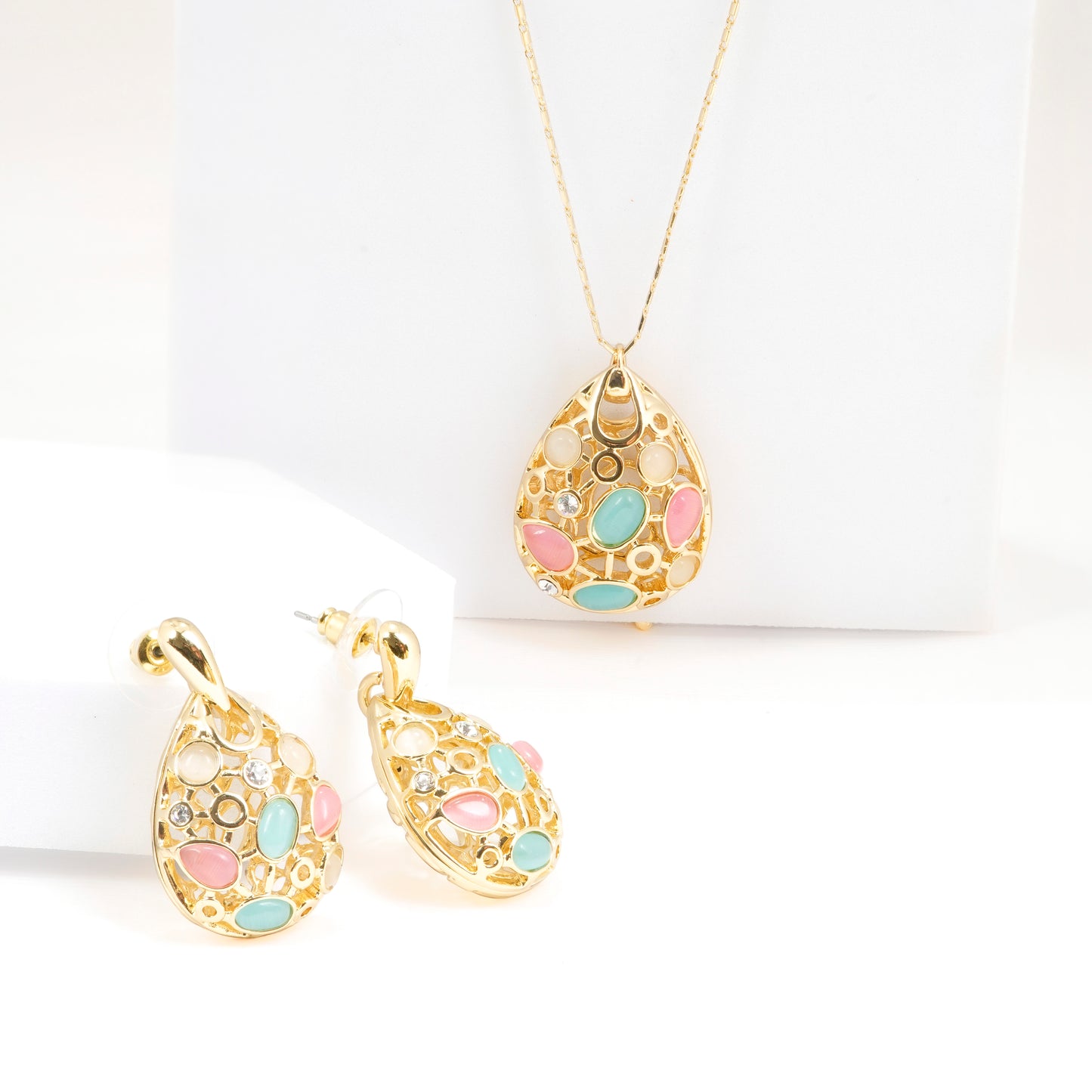 Gold Plated Cat Eye Stone Teardrop Pendant Necklace with Matching Earrings | Elegant Multicolor Jewelry Set for Women | Party & Festive Wear