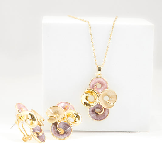 Gold-Plated Purple & Pearl Enamel Jewelry Set – Statement Necklace with Matching Earrings