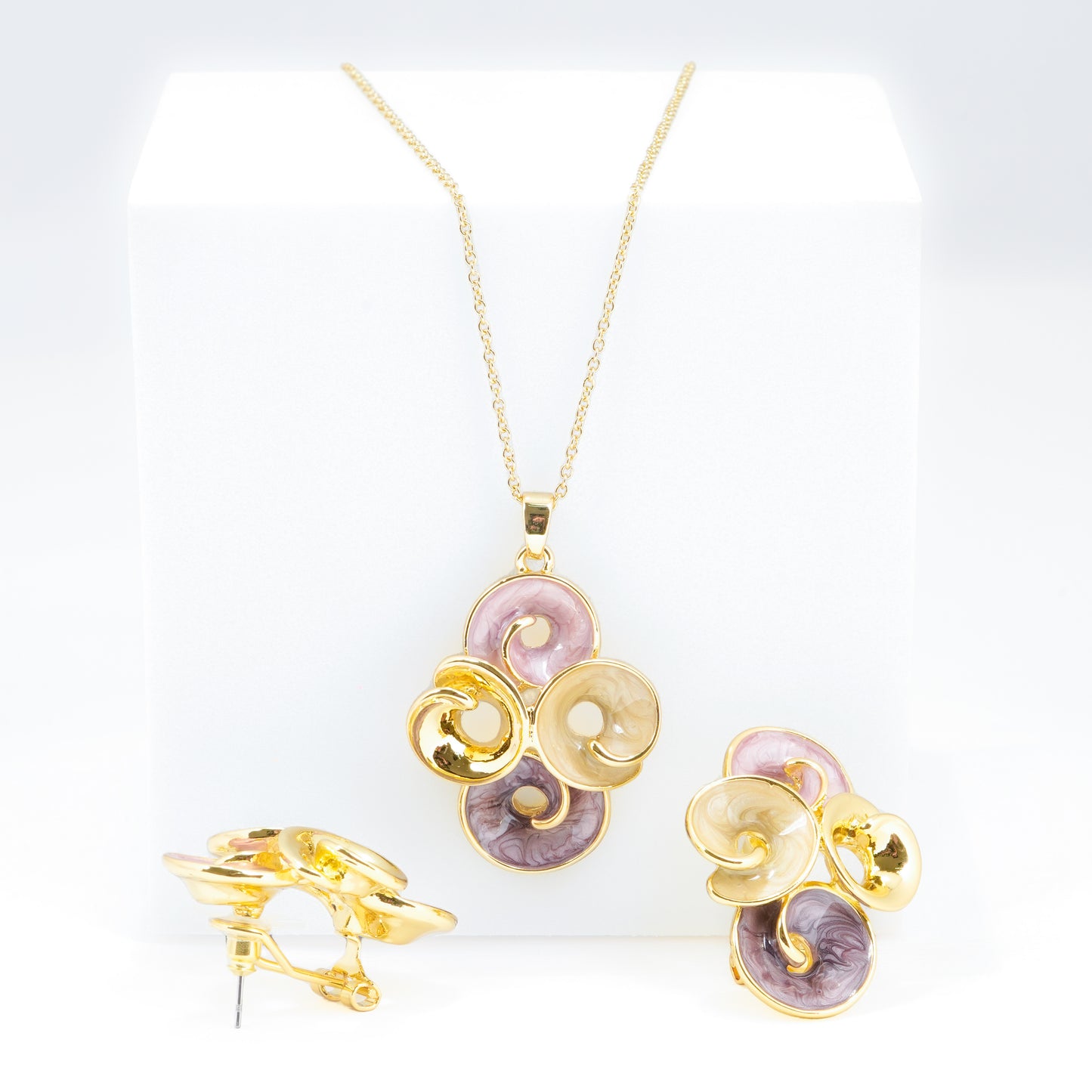 Gold-Plated Purple & Pearl Enamel Jewelry Set – Statement Necklace with Matching Earrings