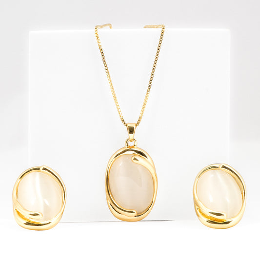 Gold Plated Oval Pearl Jewelry Set for Women | Necklace and Earrings with Classic White Pearls | Timeless Bridal and Party Jewelry