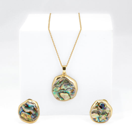 Gold Plated Abalone Shell Pendant Necklace with Matching Earrings | Iridescent Jewelry Set for Women | Elegant Designer Statement Jewelry