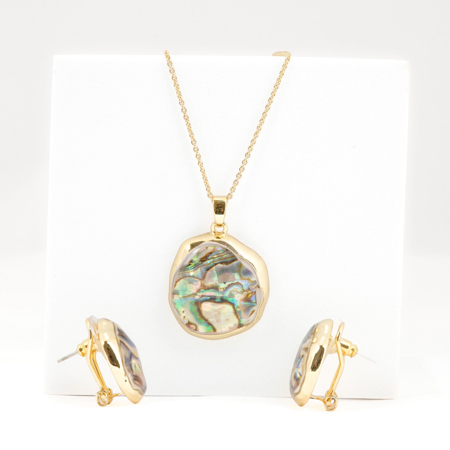 Gold Plated Abalone Shell Pendant Necklace with Matching Earrings | Iridescent Jewelry Set for Women | Elegant Designer Statement Jewelry