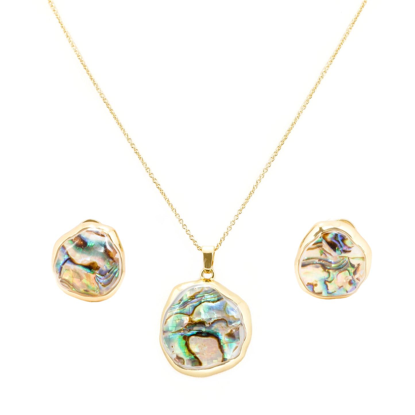 Gold Plated Abalone Shell Pendant Necklace with Matching Earrings | Iridescent Jewelry Set for Women | Elegant Designer Statement Jewelry