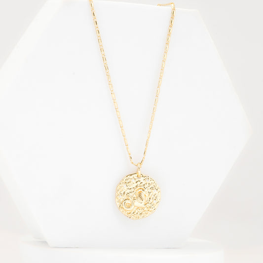 Gold-Plated Libra Zodiac Medallion Necklace – Textured Coin Pendant for Balance & Elegance