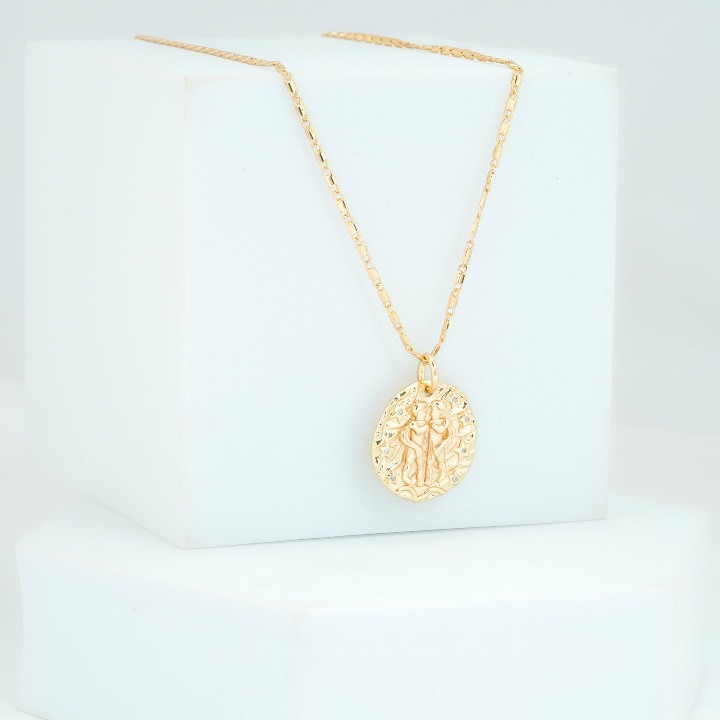 Gold Plated Gemini Zodiac Coin Pendant Necklace | Twin Symbol of Duality & Expression