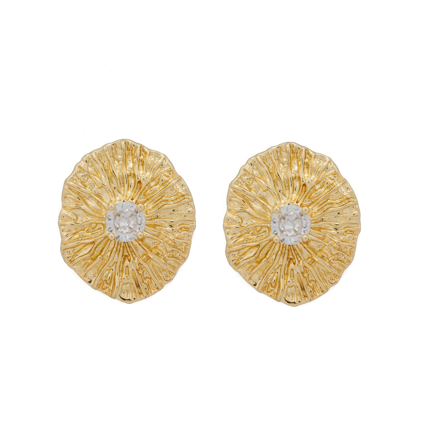 Elegant Gold Plated Necklace Earring and Ring Set | Textured Design with Sparkling Clear Stone | Women’s Wedding and Party Jewelry