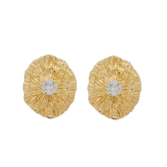 Elegant Gold Plated Necklace Earring and Ring Set | Textured Design with Sparkling Clear Stone | Women’s Wedding and Party Jewelry