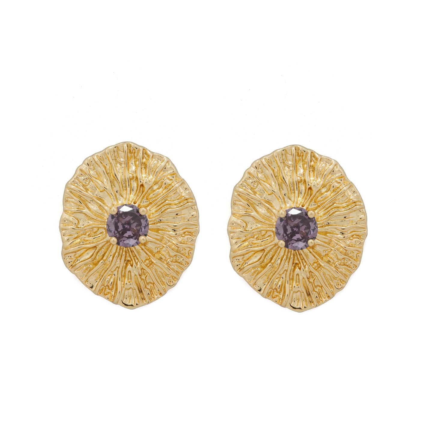 Gold Plated Jewelry Set for Women | Textured Necklace, Ring, and Earrings with Purple Gemstone Center | Elegant Party and Festive Jewelry