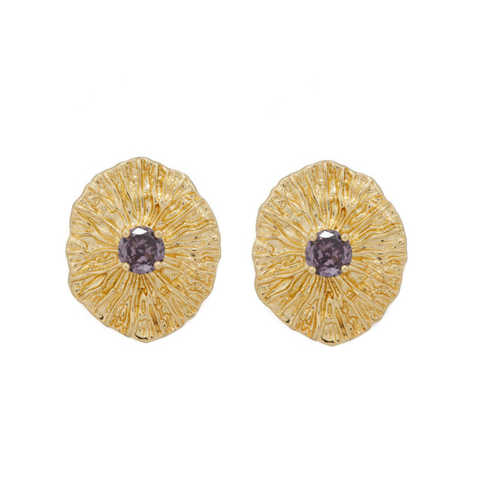 Gold Plated Jewelry Set for Women | Textured Necklace, Ring, and Earrings with Purple Gemstone Center | Elegant Party and Festive Jewelry