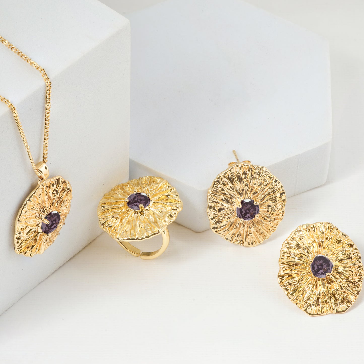 Gold Plated Jewelry Set for Women | Textured Necklace, Ring, and Earrings with Purple Gemstone Center | Elegant Party and Festive Jewelry